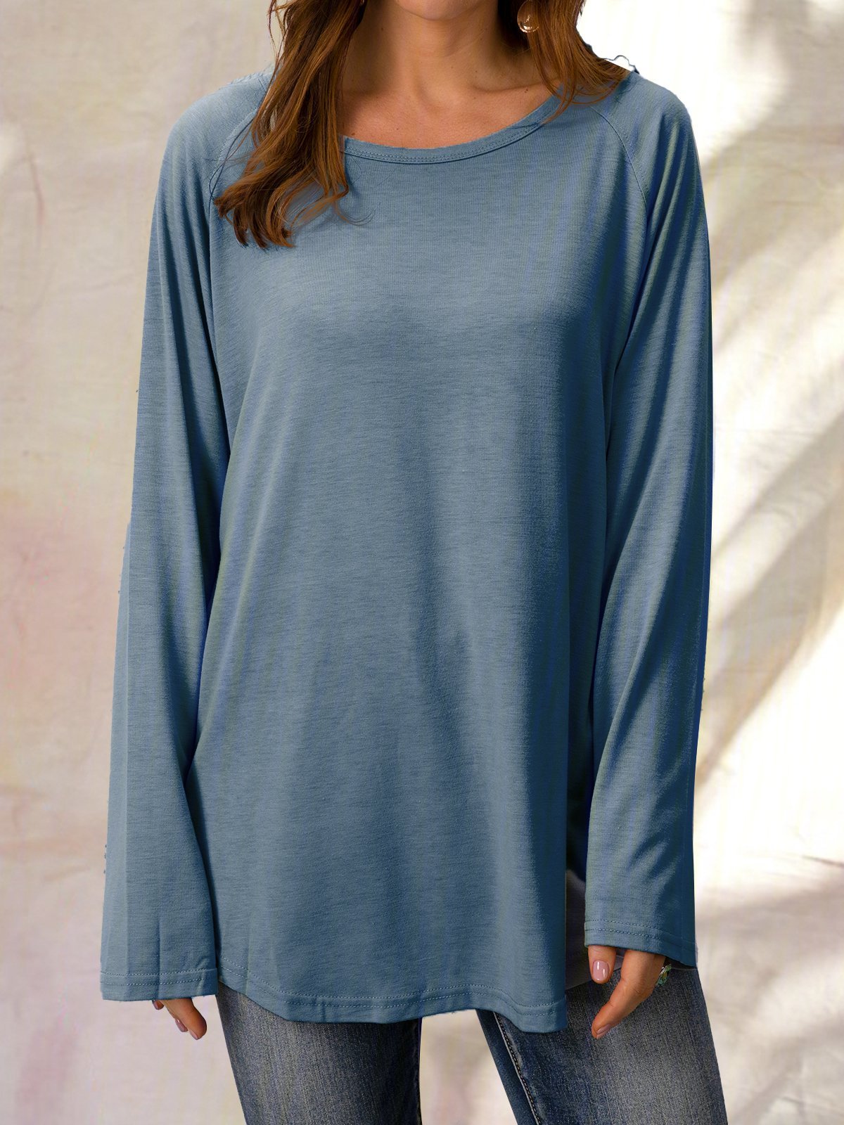 Solid Raglan Sleeve Crew Neck Casual Loose Tunic Top