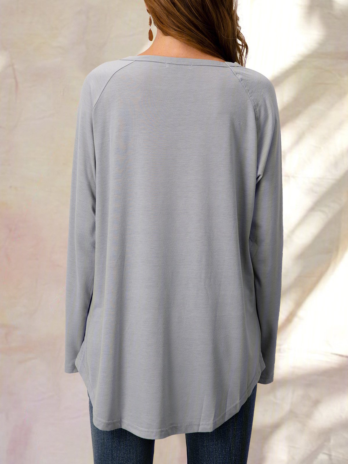 Solid Raglan Sleeve Crew Neck Casual Loose Tunic Top