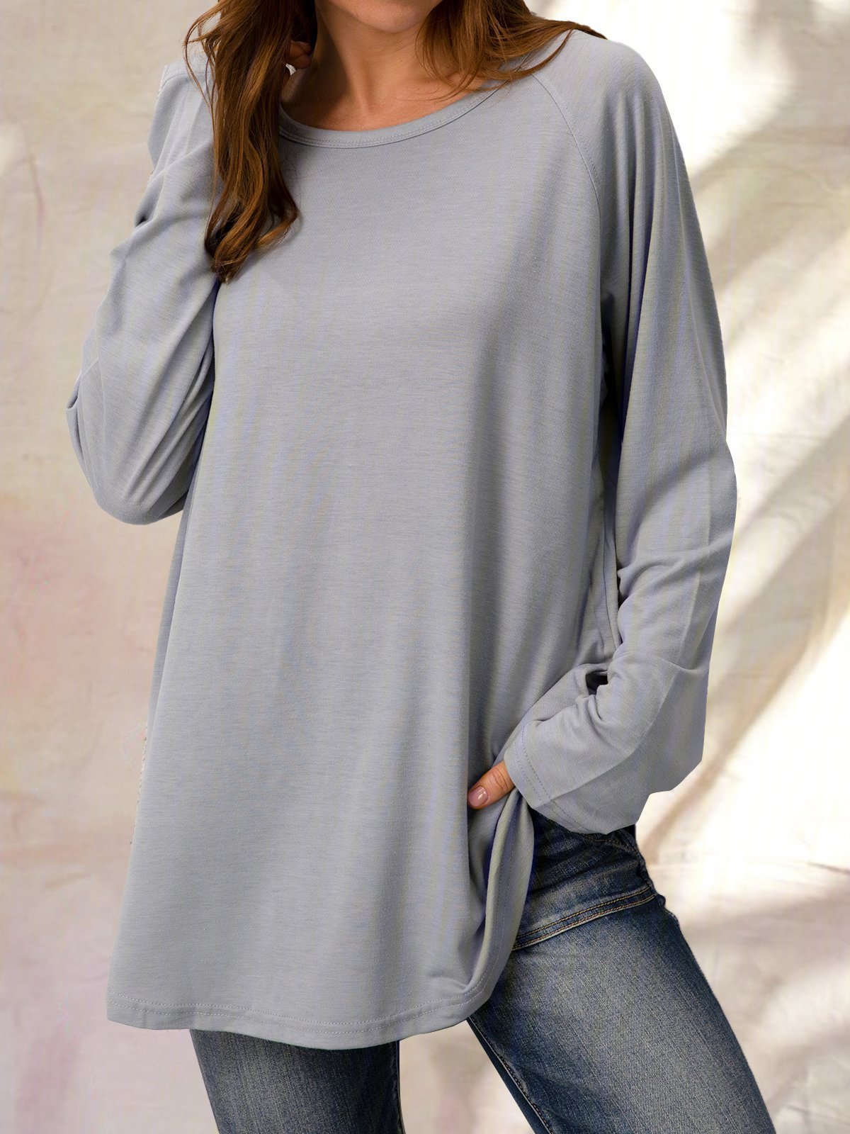 Solid Raglan Sleeve Crew Neck Casual Loose Tunic Top