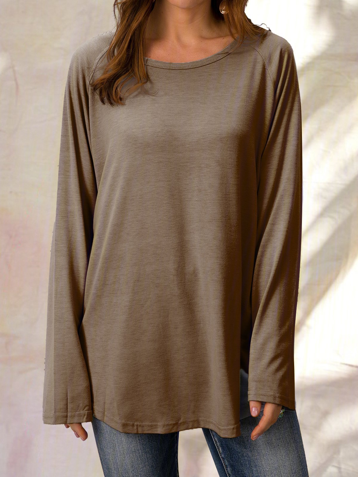 Solid Raglan Sleeve Crew Neck Casual Loose Tunic Top