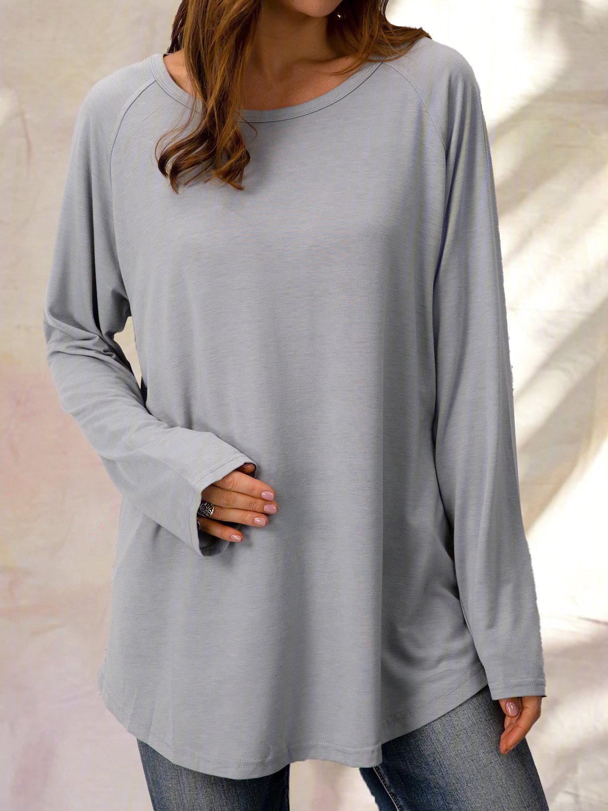 Solid Raglan Sleeve Crew Neck Casual Loose Tunic Top