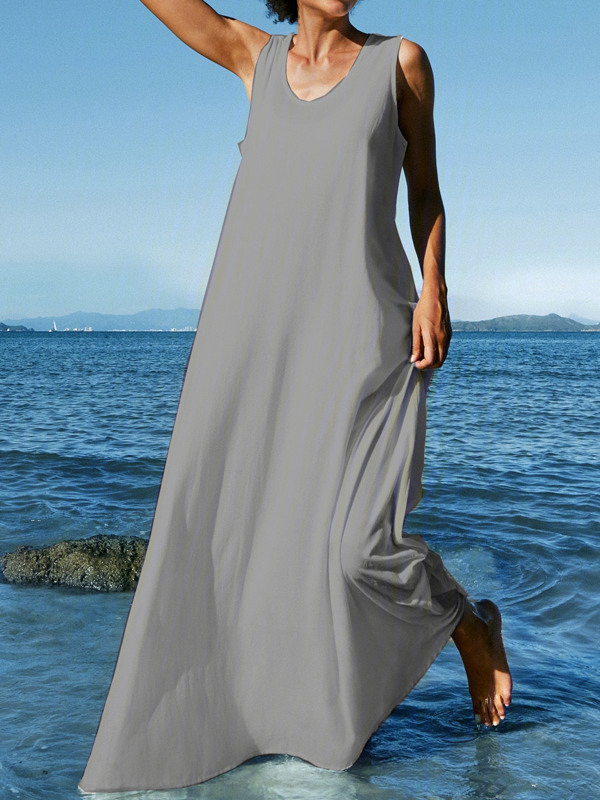 Summer Sleeveless U-Neck Linen Maxi Knitting Dress | noracora