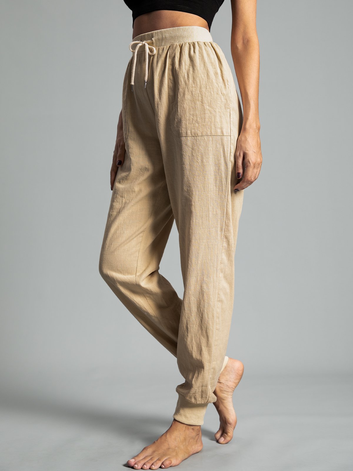 Solid Drawstring Casual Linen Pants Women Trousers