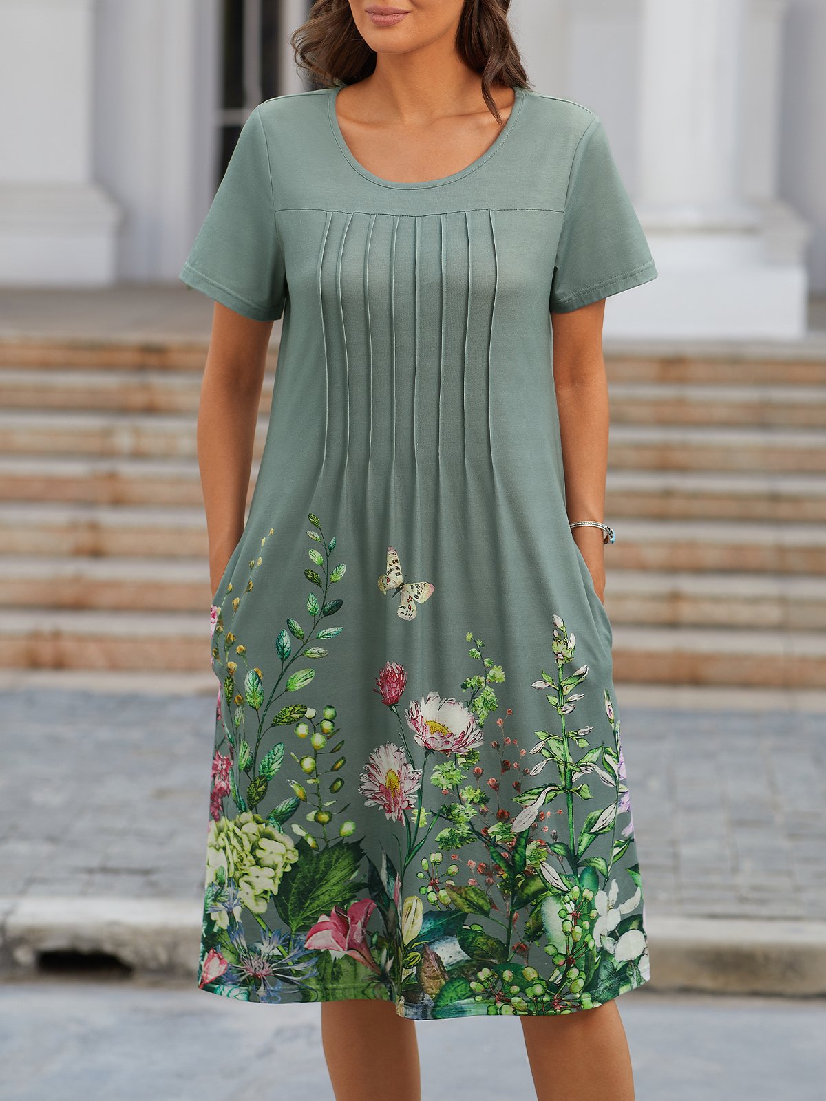 Floral A-Line Short Sleeve Crew Neck Knitting Dress