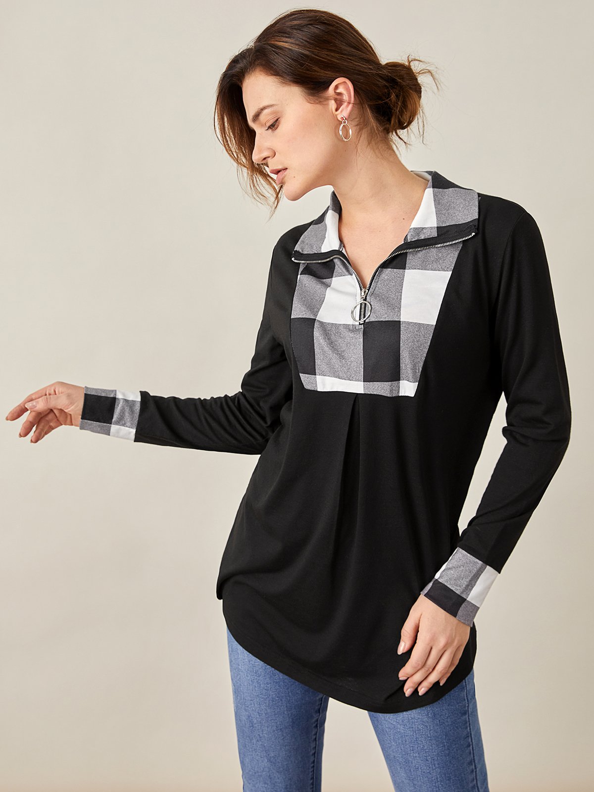 Grid Loosen Cotton Blends Casual Top