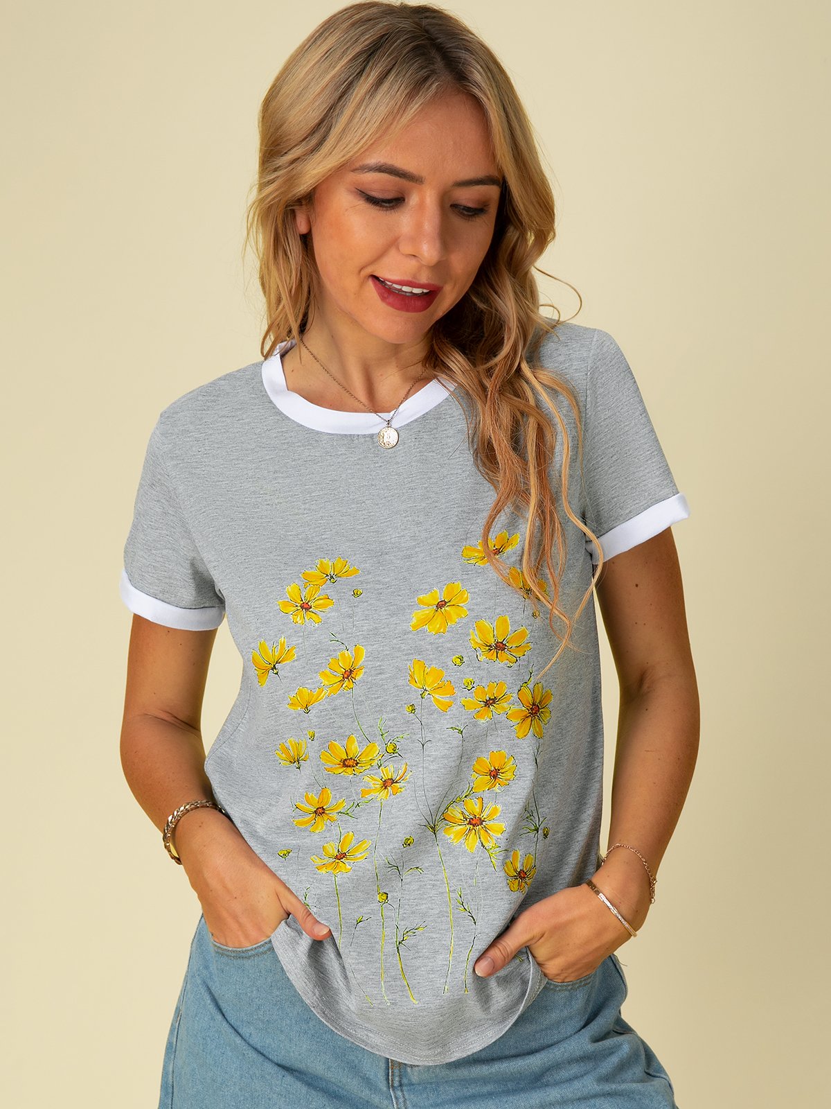 Short Sleeve Floral Casual Crew Neck T-shirt