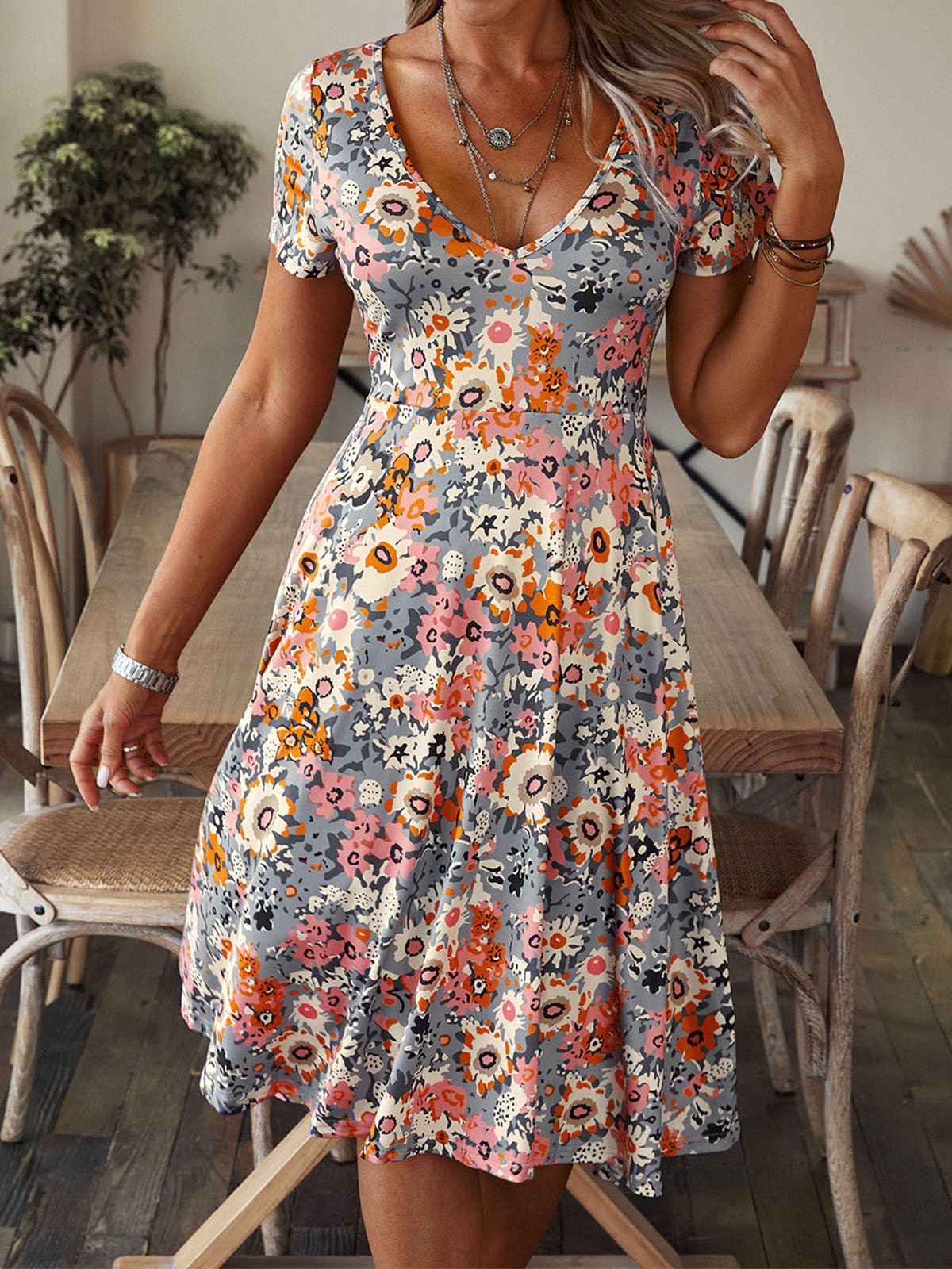 Floral Casual Regular Fit Short Sleeve Knit Dress