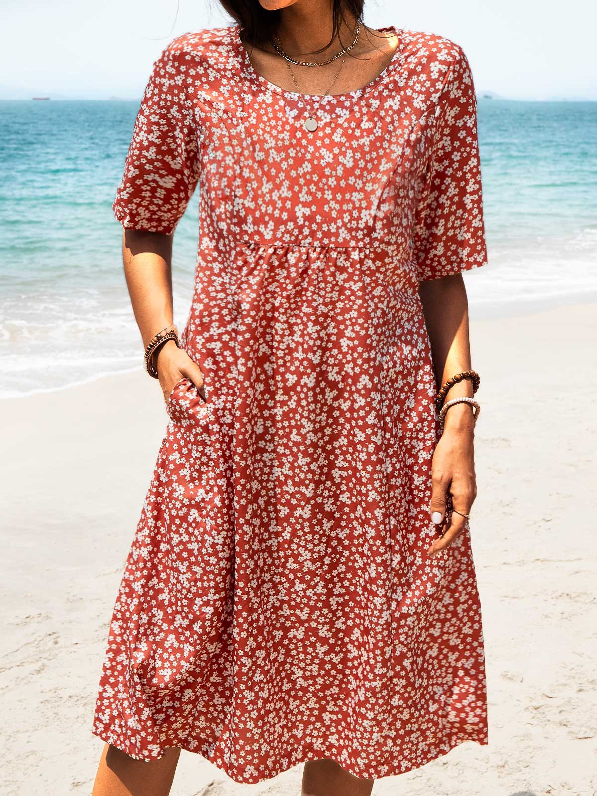 Hlaf Sleeve Round Neck Floral-Print Causal Midi Dress