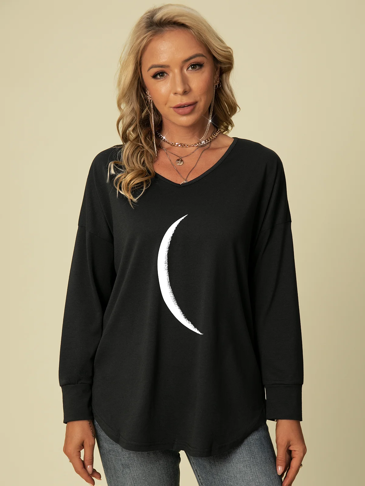 Moon Printed V Neck Casual Long Sleeve Shift Tunic Tops