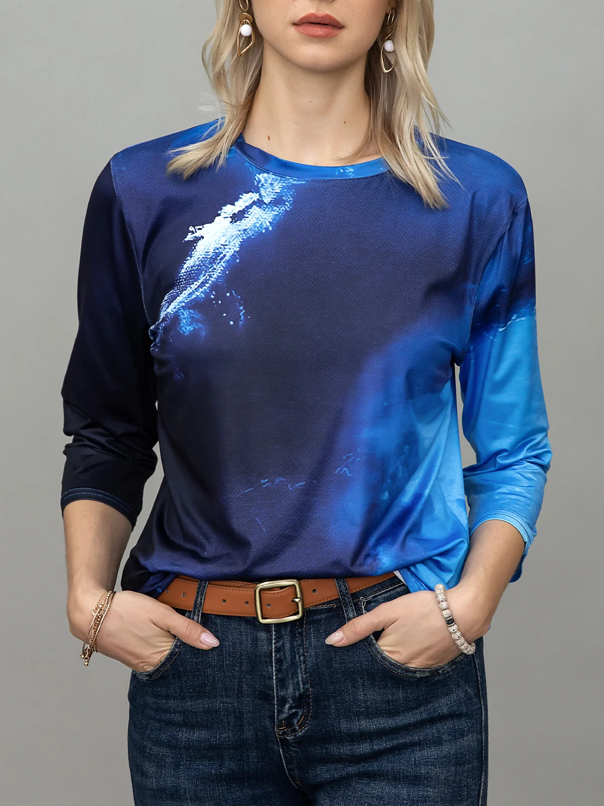 Printed 3/4 Sleeve Crew Neck Casual T-shirt