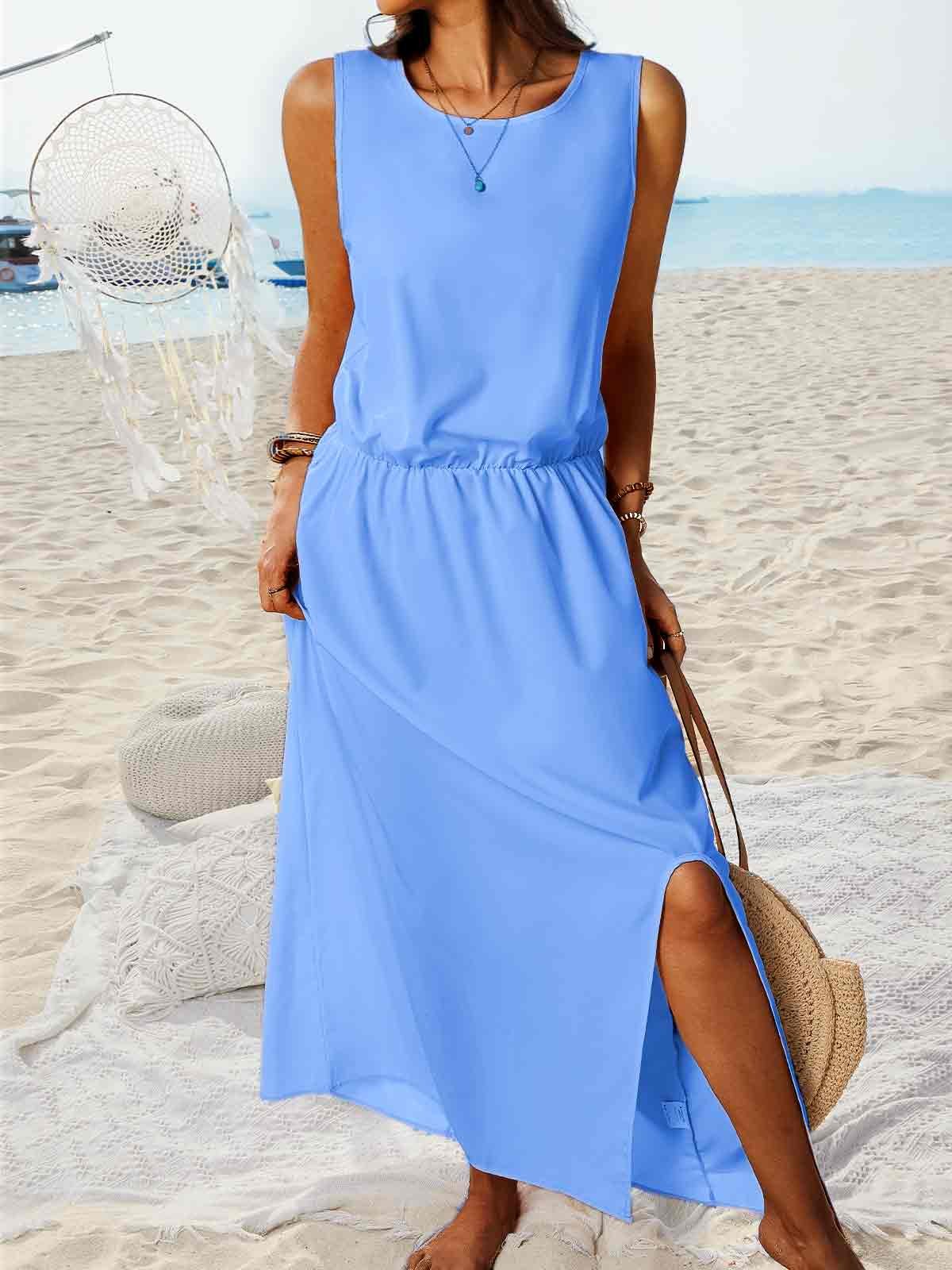 Sleeveless Holiday Solid Round Neck Long Weaving Dress