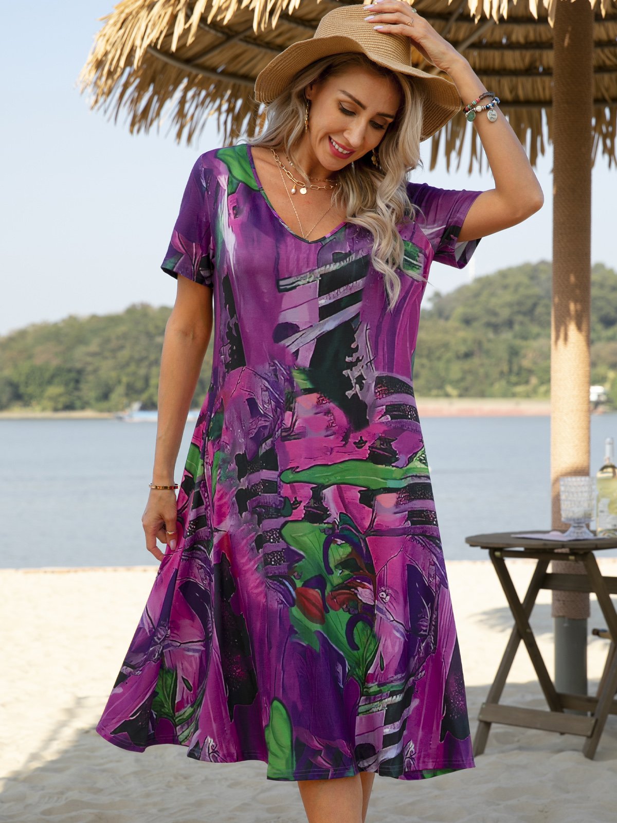 Boho Printed V Neck Floral Weaving Dress