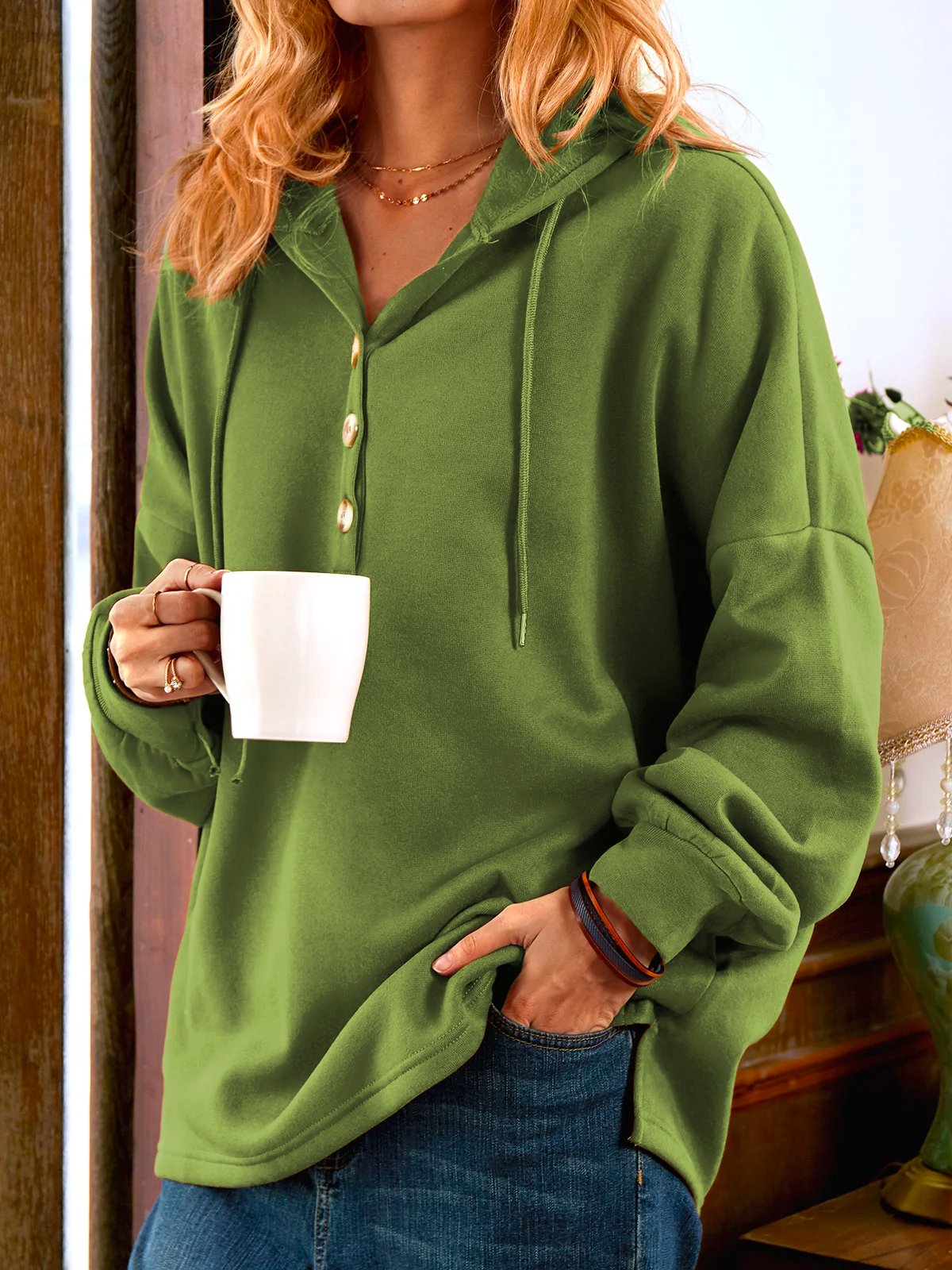 Casual Hoodie Long Sleeve Buttoned Tunic Sweatshirt