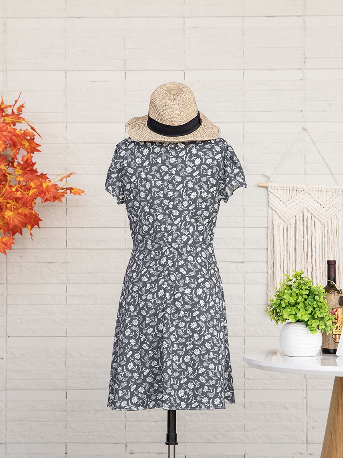 Women Floral Slim Pullover V Neck Short Sleeve Short Dress