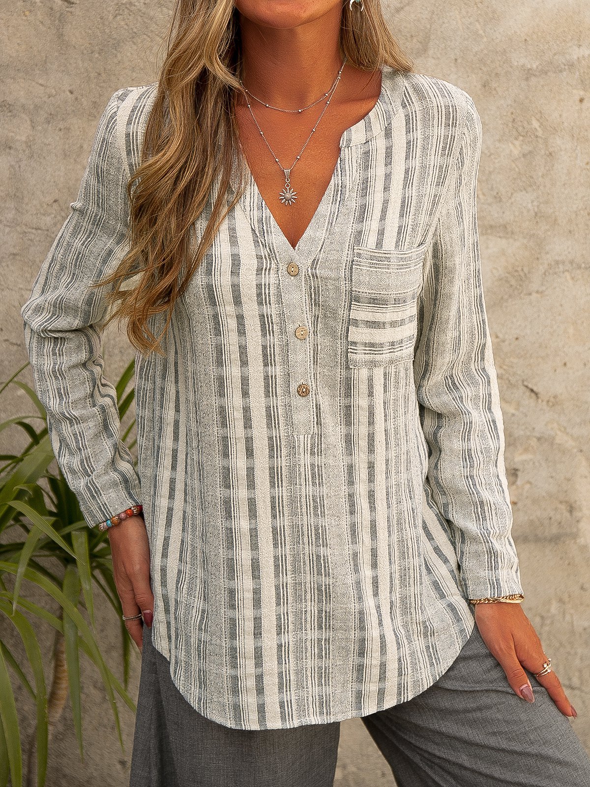 V Neck Stripe  Long Sleeve Blouse