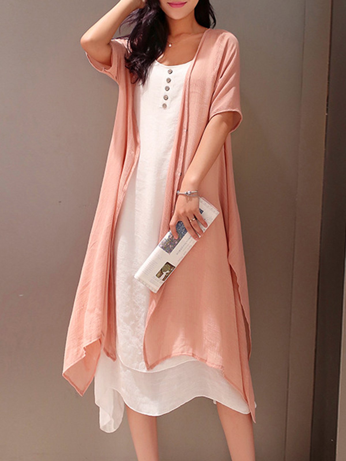 Casual Crew Neck Two Piece Buttoned Casual Dress