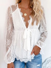 Lace V Neck Long Sleeve Solid...