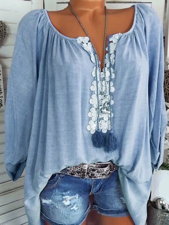 Long Sleeve Casual Solid V neck Blouse