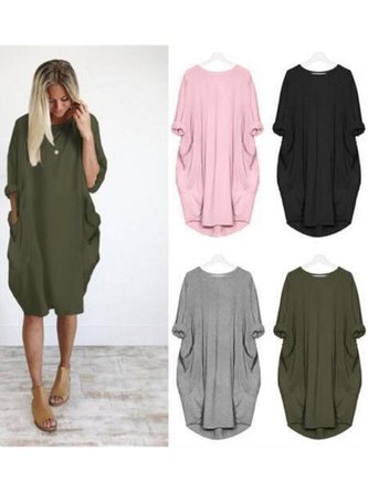 Women Cocoon Daytime Batwing Pockets Solid Dress
