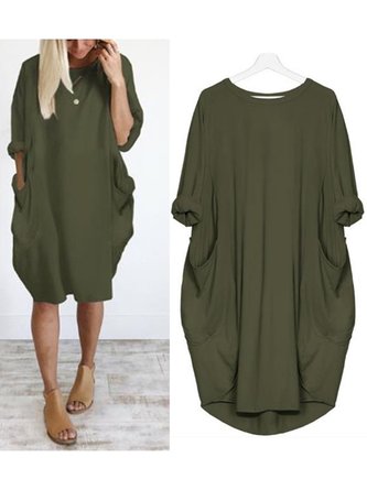 Batwing Sleeve Casual Solid Loose Crew Neck Midi Dress