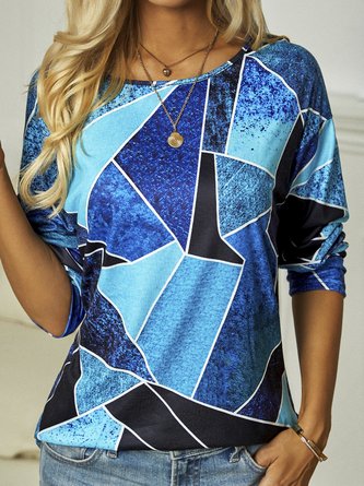 Casual Abstract Long Sleeve Crew Neck Printed Top T-Shirt