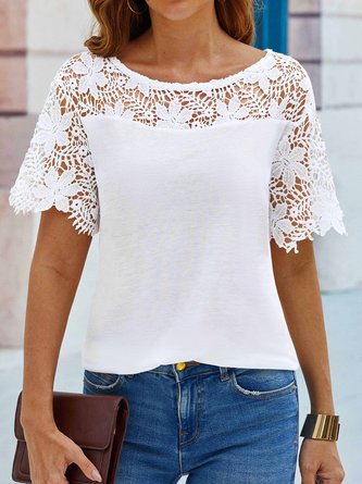 Solid Patchwork Lace Casual Loosen Crew Neck Short Sleeve T-Shirt