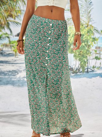 Green Floral Casual Floral-Print Skirt