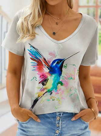 Bird Print V Neck Cotton-Blend Short Sleeve T-Shirt