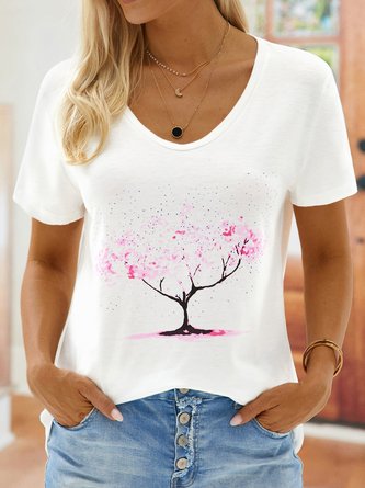 Short Sleeve V Neck Tree Print Casual T-shirt