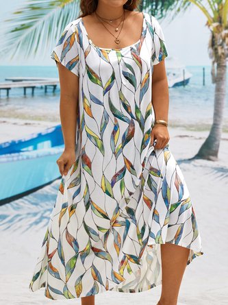 Plus Size Printed Casual Square Neck Short Sleeve Dress
