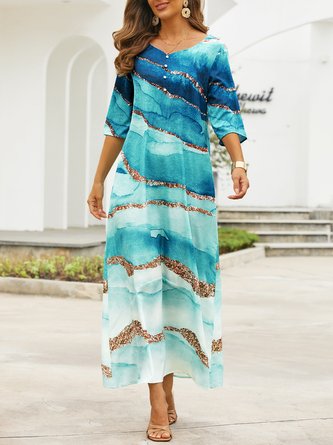 3/4 Sleeve Cotton-Blend Printed Casual Weaving Dress