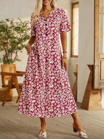Floral Half Sleeve Buttoned Casual Woven Dress