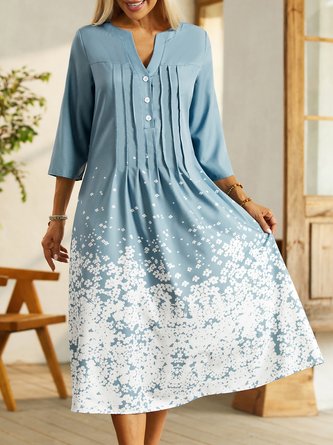 Ombre Floral Printed Vacation Buttoned Pleated Loosen V Neck Short Sleeve Woven Dress