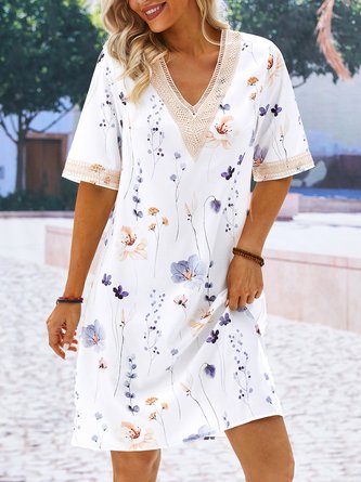 V Neck Casual Floral Printed Lace Dress