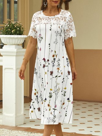 Lace Floral Short sleeve Crew Neck Casual Short sleeve Woven Dress