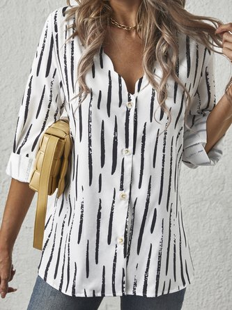 V Neck Striped Long Sleeve Casual Blouse