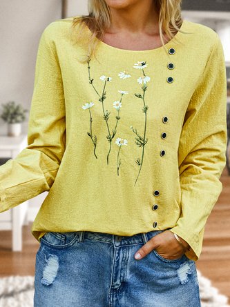 Floral Autumn Casual No Elasticity Daily Standard Long sleeve Cotton H-Line Top for Women