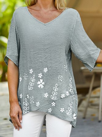 Floral Summer Linen Split Joint Pullover Standard Loose H-Line Regular Top for Women