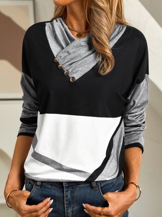 Cowl Neck Long Sleeve Color Block Casual T-shirt