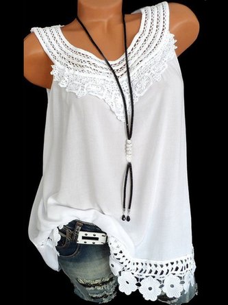 Sleeveless Casual Crocheted Crew Neck Plus Size Tank Tops