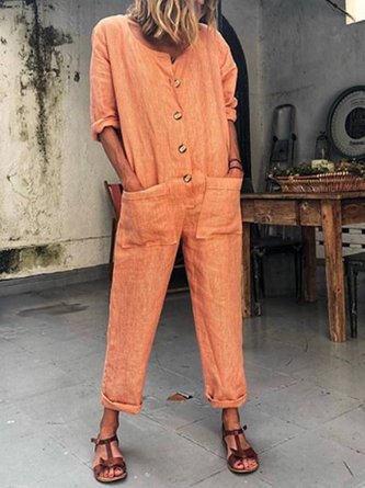 Women Casual Jumpsuits Buttoned Solid Holiday Jumpsuits