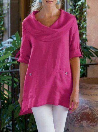 Pockets Long Sleeve Cowl Neck Cotton-Blend Tunic Shirt