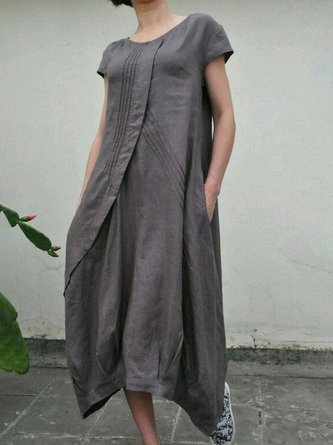 Summer Linen Pockets Pleated Swing Solid Weaving Dress