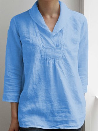 Women Fashion Solid Color V Neck 3/4 Sleeve Basic Shirts