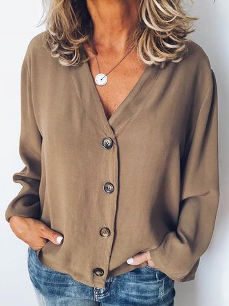 Long Sleeve V Neck Casual Buttoned Solid Blouse