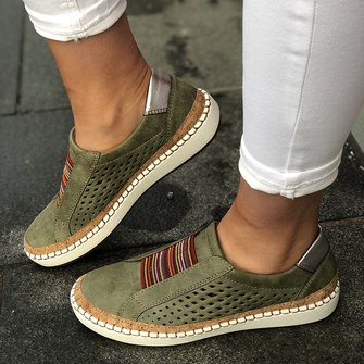 Women Green Slide Hollow-Out Round Toe Casual  Pu Sneakers Flats