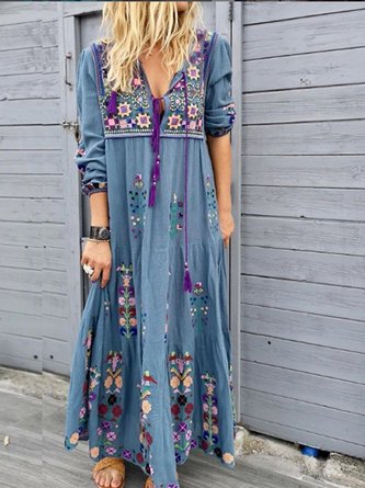 Woman Bohemia Blue Casual Patchwork Cotton-Blend V Neck Dress