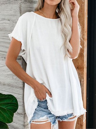 Women Cotton Solid Short Sleeve Causal Tops