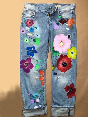 Vintage Denim Floral Casual Pants