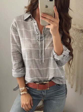 Khaki Shirt Collar Geometric Cotton Casual Blouse